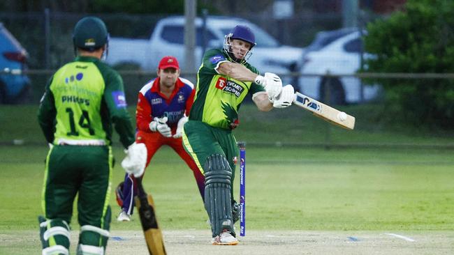 Rovers' Brenton Edwards strikes the ball in the Cricket Far North (CFN) T20 A Grade grand final match between Cairns Rovers and Mulgrave, held at Griffiths Park, Manunda. Picture: Brendan Radke