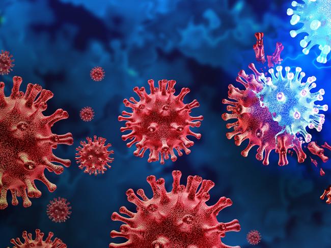 Mutating virus variant and cell mutation variants as a health risk concept and new coronavirus outbreak or covid-19 viral cells mutations and influenza background as a 3D render.