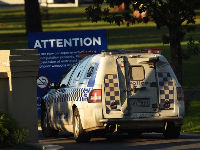 Police enter the Malmsbury Youth Justice Centre. Picture: Rob Leeson