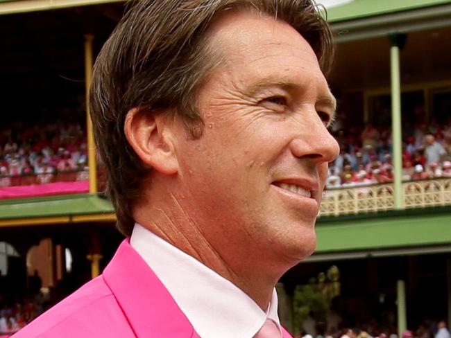 Glenn McGrath walks in front of the Members stand with his kids and Tracy Bevan during Jane McGrath Pink Test Day ceremonies before play in the 5th Ashes Cricket Test match between Australia and England at the SCG .Picture Gregg Porteous