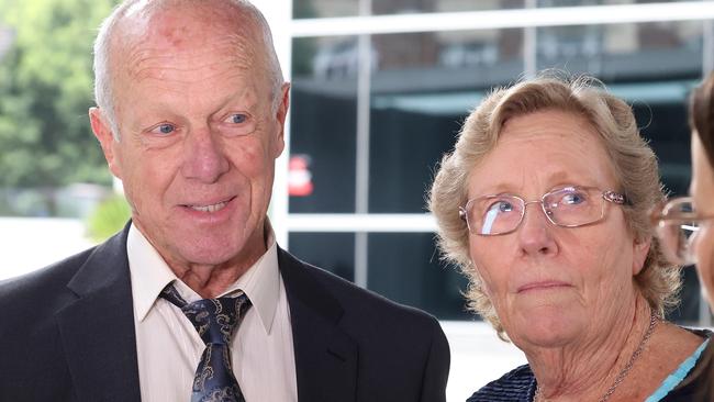 Lawrie and Wendy Brooks leaving Brisbane Coroners Court during the inquest into the death of their son Jeffrey. Picture: Liam Kidston.