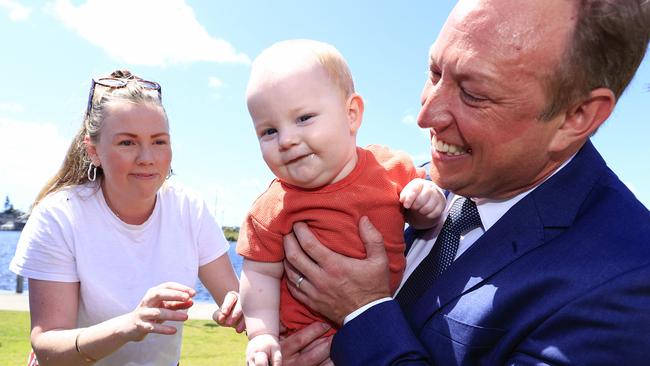 Premier Steven Miles and Health Minister Shannon Fentiman hold a press conference at Birtinya Ambulance Station on the Sunshine Coast where they met Charli Fouhy - White top and Seamus Fouhy - Orange Top Baby . Pics Adam Head