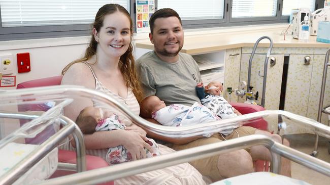 Lindsay Fernandez, a loans manager at Cairns Bank and Simon Fernandez, a project manager at Cairns Steel Fabricators at the Cairns Hospital with their newborn triplets. Picture: Brendan Radke