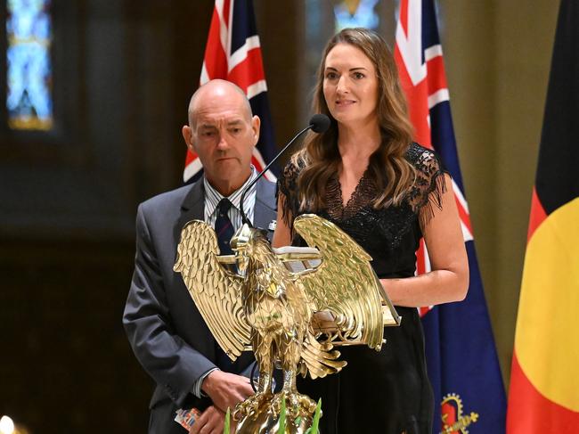 Neale Fraser’s daughter, Melissa, speaks during the service. Picture: James Ross