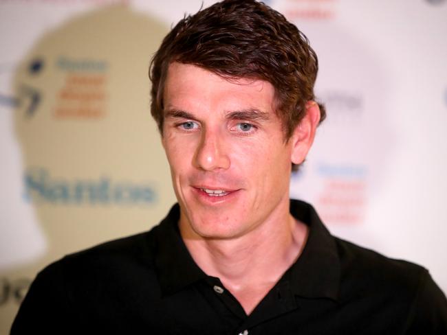 Winner of the 2019 Tour Down Under Daryl Impey speaks to the media during a press conference in Adelaide, Monday, January 21, 2019. (AAP Image/Kelly Barnes) NO ARCHIVING