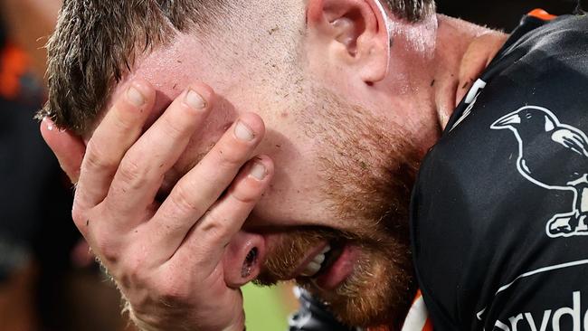 Jackson Hastings was emotional after the win in his 50th NRL game. Picture: Cameron Spencer/Getty Images