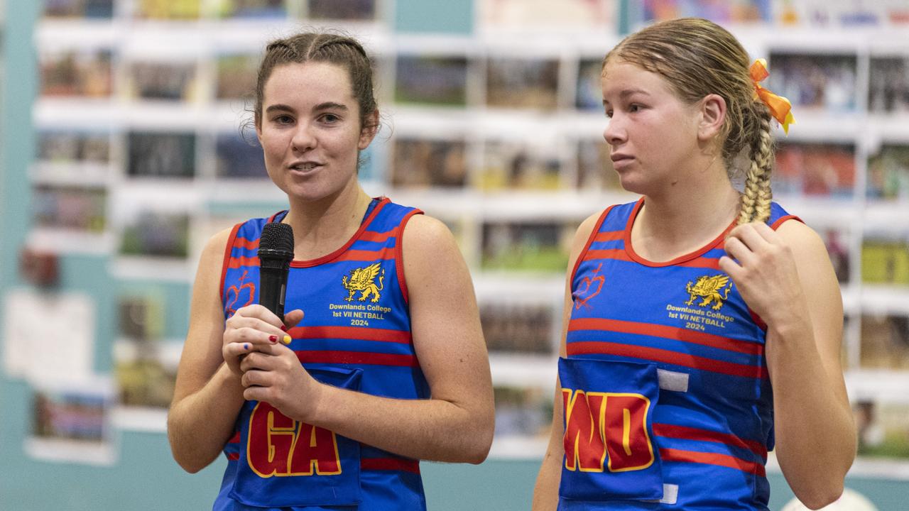 Downlands captain Lara Fitzgerald (left) and vice-captain Emily Bidgood after Downlands First VII were defeated by St Ursula's Senior A in Merici-Chevalier Cup netball at Salo Centre, Friday, July 19, 2024. Picture: Kevin Farmer