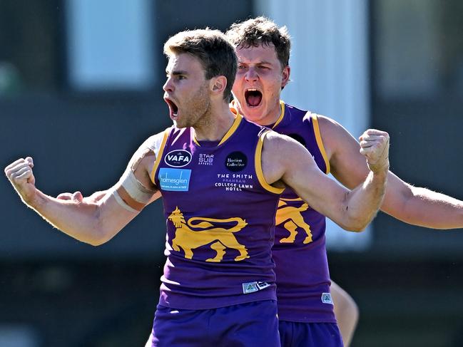 Collegians’ Jim Bazzani celebrates during the VAFA Premier Division Grand Final between Collegians and St Kevin's at Elsternwick Park in Brighton. Picture: Andy Brownbill