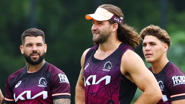 Adam Reynolds, Pat Carrigan and Reece Walsh at Broncos training at Red Hill on Thursday. Picture Lachie Millard