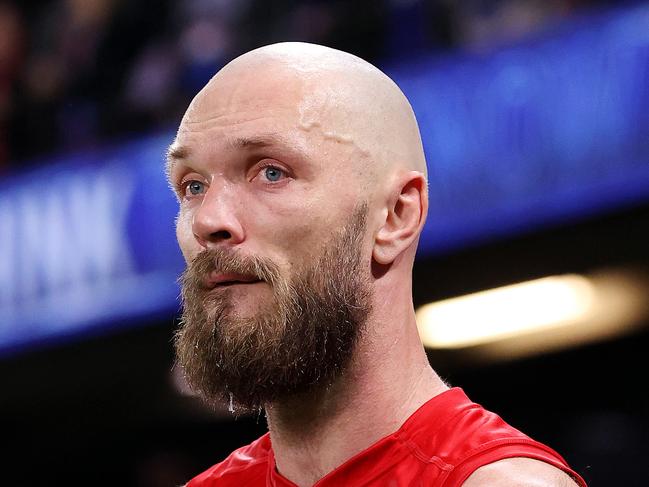 MELBOURNE, AUGUST 2, 2024: 2024 AFL Football - Round 21 - Western Bulldogs V Melbourne Demons at Marvel Stadium. Max Gawn of the Demons drops his head after the loss. Picture: Mark Stewart