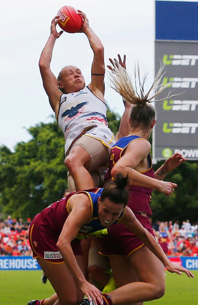 Erin Phillips takes a magnificent mark agains Brisbane during the AFLW grand final. Picture: Jason O'Brien (Getty Images)