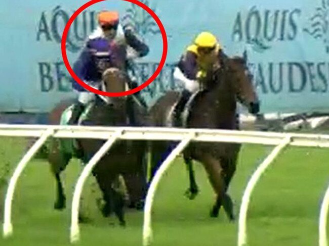 Quade (Jag Guthman-Chester, circled) was elevated from second to first after stewards deemed he was tightened by Beachside Babe (Andrew Spinks, yellow cap) at the 300m. Picture: Screengrab / Racing Queensland