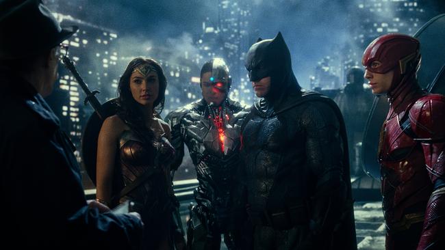 JK Simmons, Gal Gadot, Ray Fisher, Ben Affleck and Ezra Miller in a scene from Justice League. Picture: Warner Bros