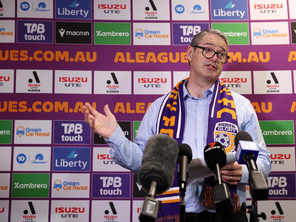 Independant Chairman of the APL Stephen Conroy speaks after Perth Glory went into receivership. Picture: Getty