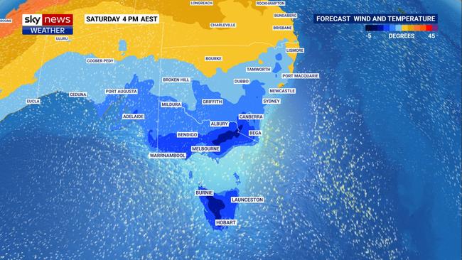 On Saturday, Adelaide will reach 15C, while Victoria and Tasmania will be the coldest capitals. Picture: Sky News Weather.