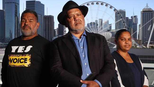 Lockhart River Mayor Wayne Butcher, Indigenous leader Noel Pearson, and Aurukun Mayor Keri Tamwoy at the Queensland Media Club in Brisbane on Monday. Picture: Liam Kidston