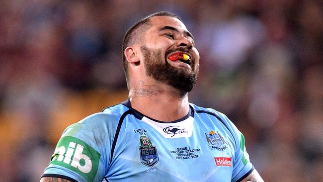 BRISBANE, AUSTRALIA — MAY 31: Andrew Fifita of the Blues smiles at the crowd after scoring a try during game one of the State of Origin series between the Queensland Maroons and the New South Wales Blues at Suncorp Stadium on May 31, 2017 in Brisbane, Australia. (Photo by Bradley Kanaris/Getty Images)