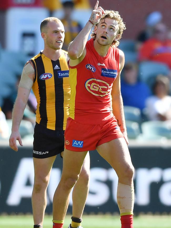 Hugh Greenwood of the Suns celebrates a goal during the round 18 AFL match between the Hawthorn Hawks and the Gold Coast Titans at Adelaide Oval on September 20, 2020 in Adelaide, Australia. (Photo by Mark Brake/Getty Images)