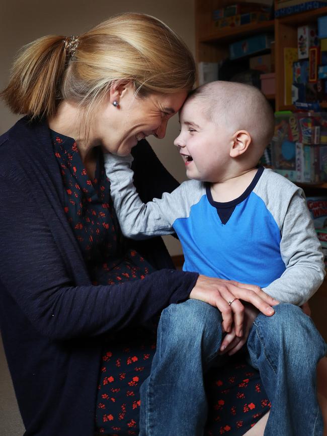 Ned Isham, 6, is cancer-free after living in and out of suitcases in Australia and the US. Picture: Nigel Hallett