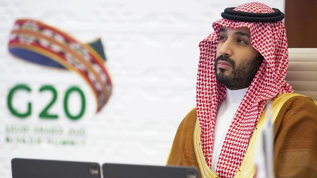 Saudi Crown Prince Mohammed bin Salman attends the virtual G20 summit. Picture: AFP