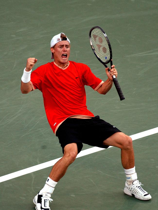 Lleyton Hewitt of Australia celebrates after defeating Pete Sampras of the US in the men's finals of the US Open in 2001. Picture: Getty