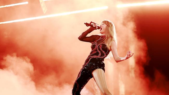 Taylor Swift performing at Inglewood, California in August 2023 on her Eras Tour, which will be attended by about 630,000 Australian fans across seven concerts in February 2024. Picture: Emma McIntyre/Getty