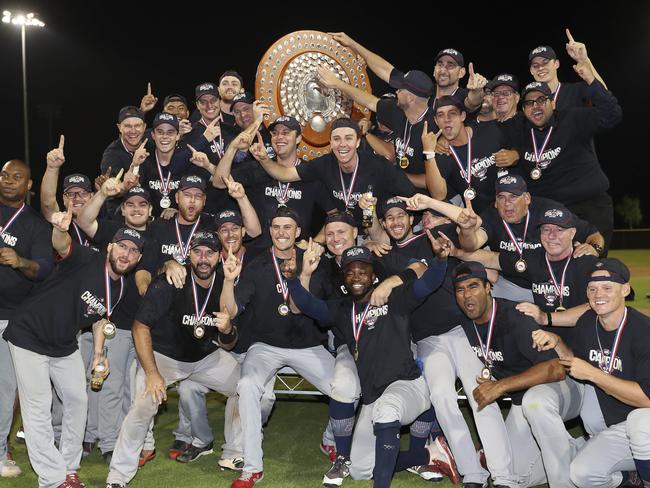 BASEBALL - 08/02/20 - Australian Baseball League Championship series - GAME 2 - Adelaide Giants v Melbourne Aces at Active Displays Stadium, West Beach. The Victors - Melbourne Aces with the Claxton Shield. Picture SARAH REED