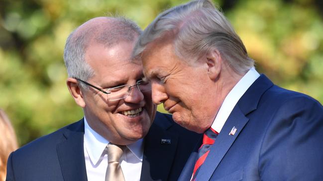 Donald Trump and then prime minister Scott Morrison at a ceremonial welcome on the south lawn of the White House in Washington DC in 2019. Picture: AAP Image/Mick Tsikas