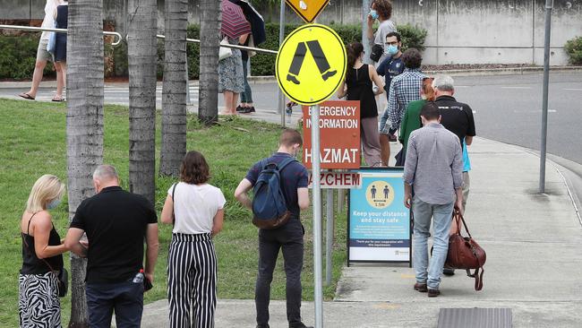 The line for COVID-19 testing at the Royal Brisbane and Women’s Hospital fever clinic. Picture: Liam Kidston.