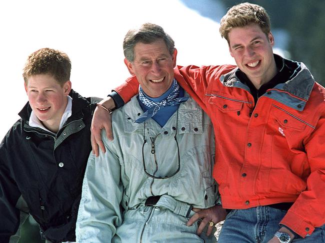 Prince Harry (L) and Prince William (R) with their father Prince Charles. Experts fear Harry’s memoir could threaten Charles’ ascension to the throne. Picture: Getty Images