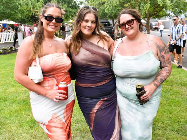 Abbey Rowe, Cassie Martell and Shahn Pollard enjoying all the action at the Ladbrokes Cranbourne Cup on Saturday, November 23, 2024. Picture: Jack Colantuono