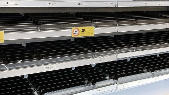 MELBOURNE, AUSTRALIA - NewsWire Photos AUGUST 3, 2020 : Melbourne has gone into a stage 4 lockdown with regional Victoria moving into a stage 3 lockdown as COVID-19 spreads across the state in a second wave. A shelf in a Coles supermarket in the Melbourne suburb of Moonee Ponds after recent panic buying. Picture : NCA NewsWire / Ian Currie