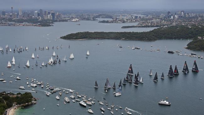 Yachts during the start of the Rolex Sydney Hobart Yacht Race 2017 in Sydney. Picture: Brett Costello