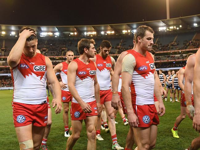 The Swans are seen in action during the second semi-final between the Geelong Cats and the Sydney Swans at MCG in Melbourne, Friday, September 15, 2017. (AAP Image/Julian Smith) NO ARCHIVING, EDITORIAL USE ONLY