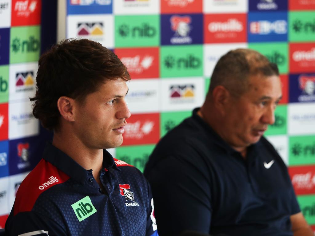 Kalyn Ponga and his father, Andre. Picture: Peter Lorimer/Getty Images