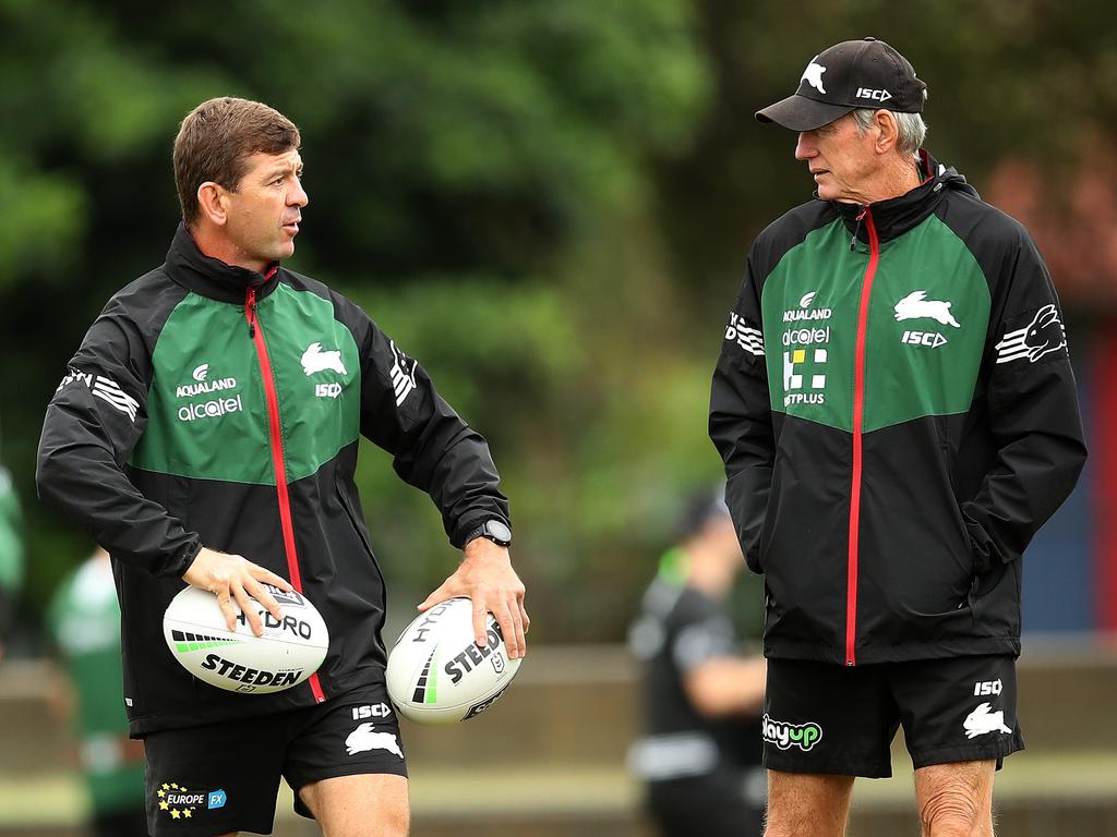 Jason Demetriou with Wayne Bennett at Rabbitohs training. Picture. Phil Hillyard