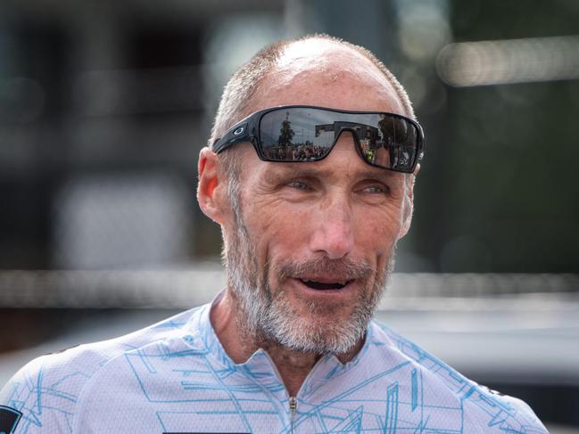 AFL Legend Tony Lockett has ridden from Perth to Melbourne for charity. They finished their ride around 4.30 at Mornington Football Club Picture: Tony Gough