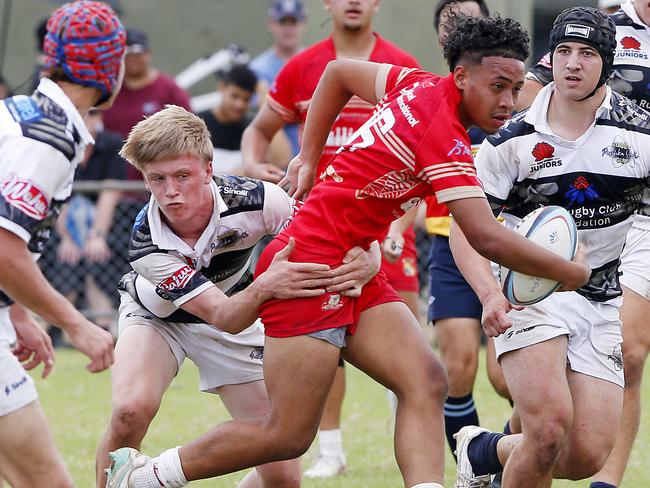 Dennishely Taukafa for Tonga with the ball. U16 Boys 5th Place play-off. Barbarians v Tonga. 2024 Pasifiika Cup Rugby Union at Whalan Reserve. Picture: John Appleyard