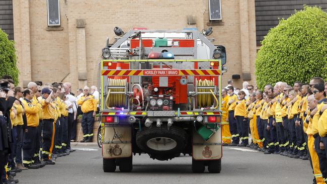 One of Horsley Park RFS’ trucks stood vigil at Andrew O'Dwyer’s funeral. Picture: Chris Pavlich