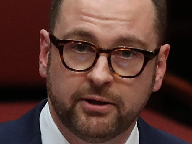 Senator Andrew Bragg delivering his maiden speech in the Senate Chamber, at Parliament House in Canberra. Picture Kym Smith