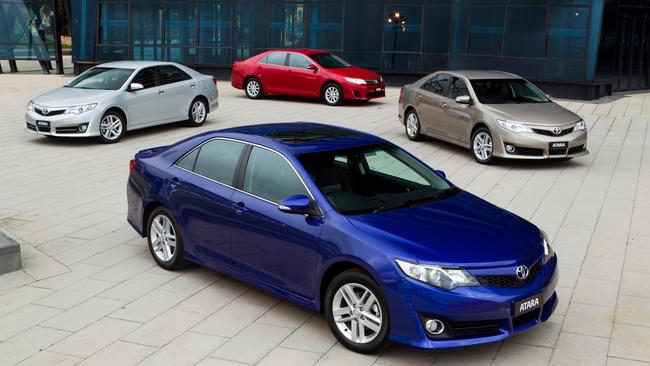 2012 Toyota Camry range front: Atara SX; rear (L-R): Atara S, Altise and Atara SL.