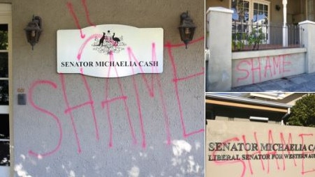 The graffiti on Michaelia Cash's office. Picture: Twitter.