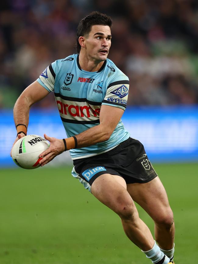 Daniel Atkinson of the Sharks in action against the Storm at AAMI Park. Picture: Graham Denholm/Getty Images.