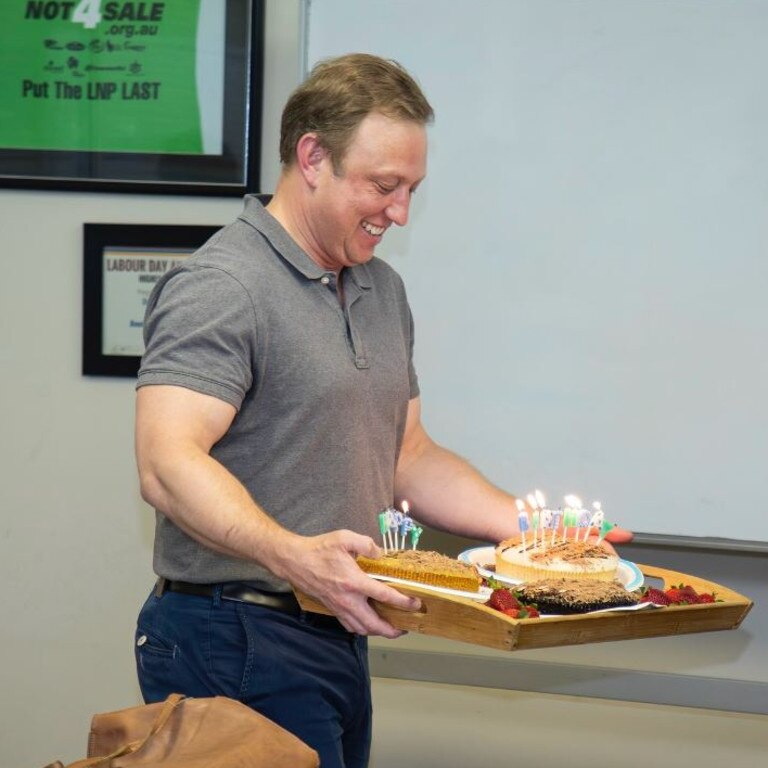 Premier Steven Miles posted this photo to Instagram captioned: Surprised @tomsmithmp with a couple of mud cakes for his birthday. Happy birthday mate!