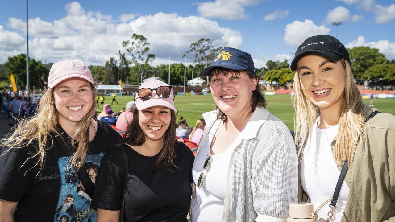 Western Clydesdales supporters (from left) Terri Massey, Tenielle Kent, Sally McCarren and Chloe Whatman at Clive Berghofer Stadium, Saturday, March 9, 2024. Picture: Kevin Farmer