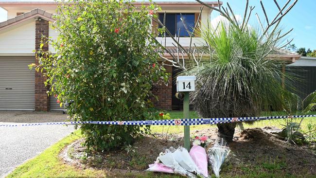 Flowers were placed outside the Stretton home following the news of the alleged murders. Picture: NCA NewsWire / Dan Peled