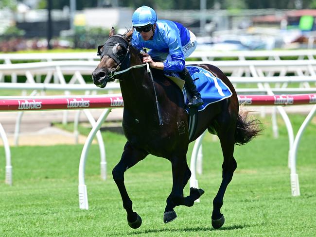 Space Rider dashes away under Chad Schofield to win the QTIS 2YO handicap at Eagle Farm for jockey Chad Schofield. Picture: Grant Peters - Trackside Photography