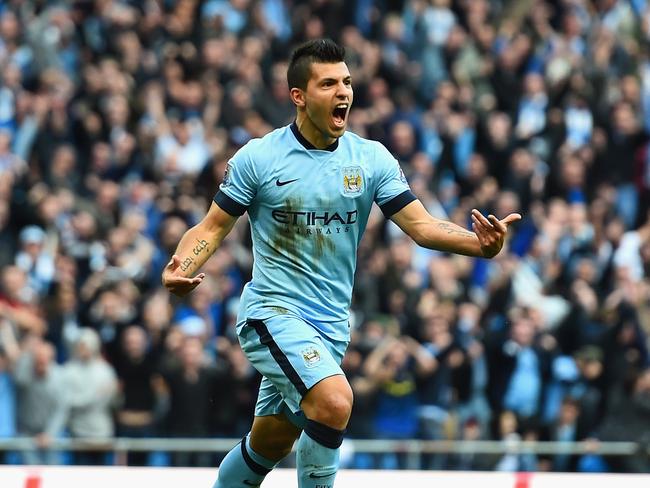 MANCHESTER, ENGLAND - NOVEMBER 02: Sergio Aguero of Manchester City celebrates scoring the opening goal during the Barclays Premier League match between Manchester City and Manchester United at Etihad Stadium on November 2, 2014 in Manchester, England. (Photo by Shaun Botterill/Getty Images)