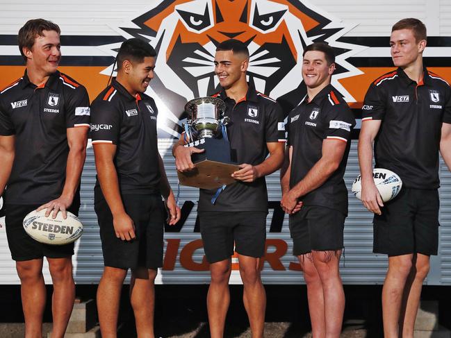 5/5/22 WEEKEND TELEGRAPH SPECIAL. MUST NOT USE BEFORE CLEARING WITH PIC EDITOR  ROHAN KELLY- Wests Tigers Harold Matthews Cup winners L to R Will Craig, Jeremiah Leatigaga, Tallyn Da Silva, Heath Mason and Lachlan Galvin pictured. Picture: Sam Ruttyn