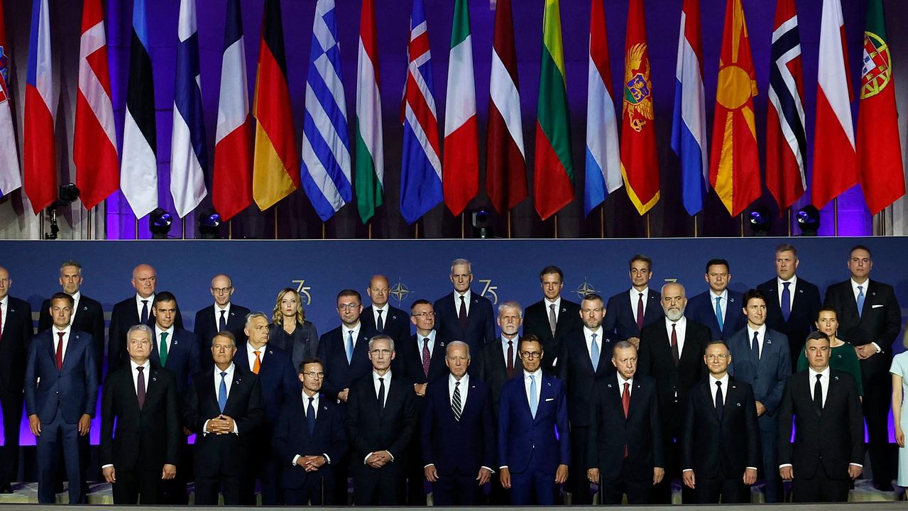Heads of state pose for a group photo during the NATO 75th anniversary celebratory event. Picture: AFP